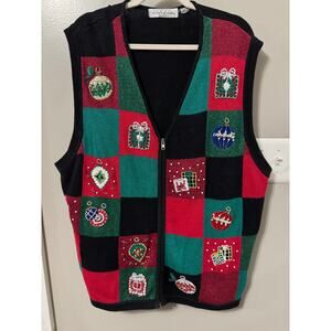VTG Victoria Jones Women’s Plus Holiday Sweater Vest Zip Up Embroidery Lurex